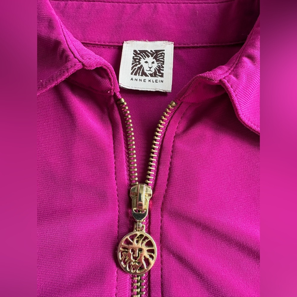 Anne Klein Magenta Half Zip Blouse w 2 Chest Pockets, Long Sleeves w Roll-Tabs - Picture 2 of 9